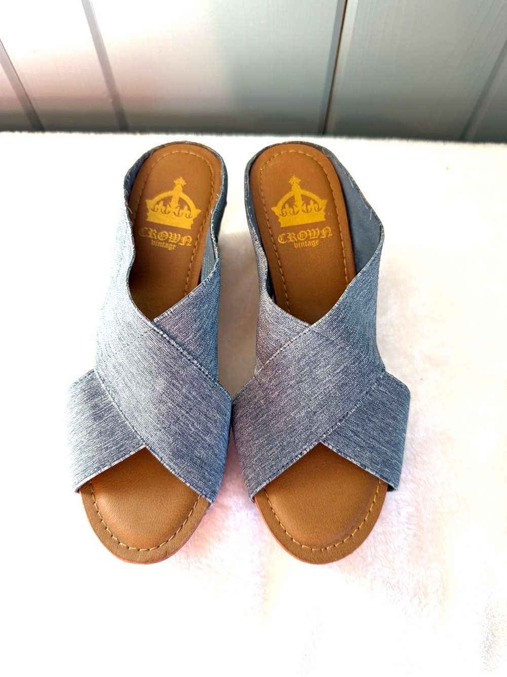 Blue Denim Wedges With Stud Embellishments & Cork Heel - Picture 3 of 5
